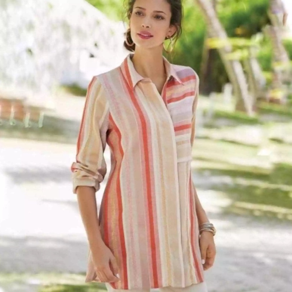 Soft Surroundings Maddalena Button Down Stripe Metallic Tunic 2CC30‎ Size XS